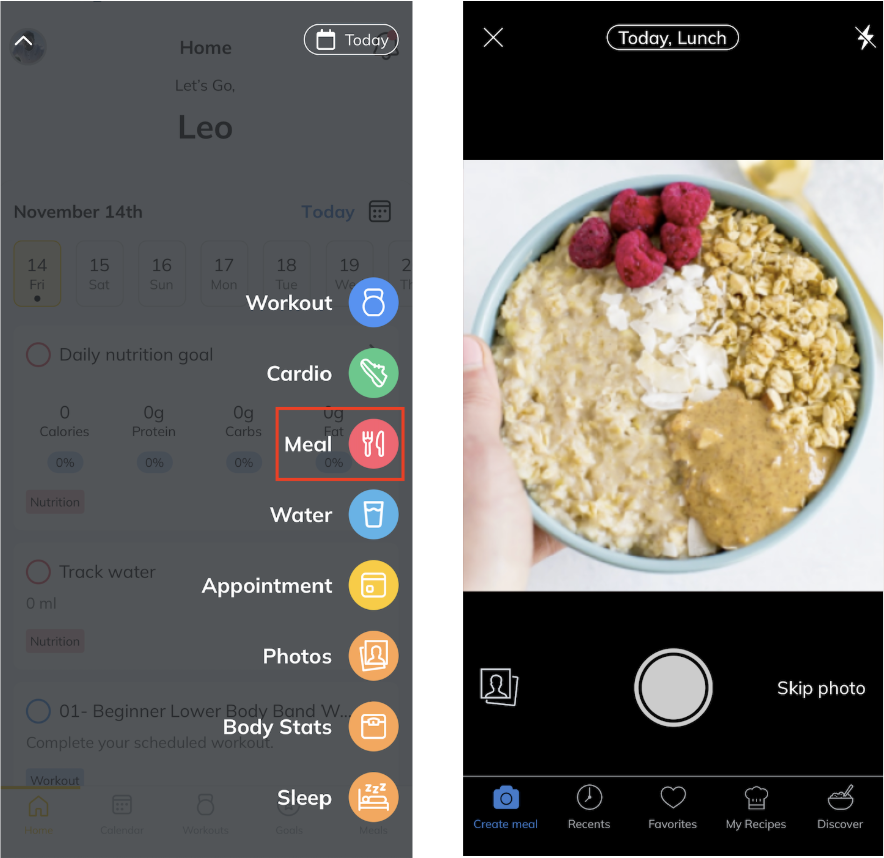 Trainerize food and macro tracking screen