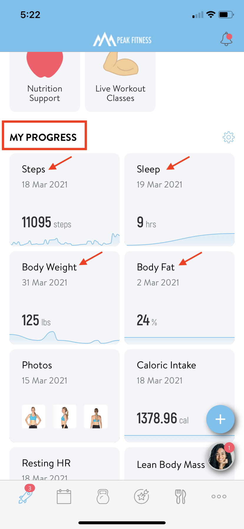 Trainerize progress tracking screen